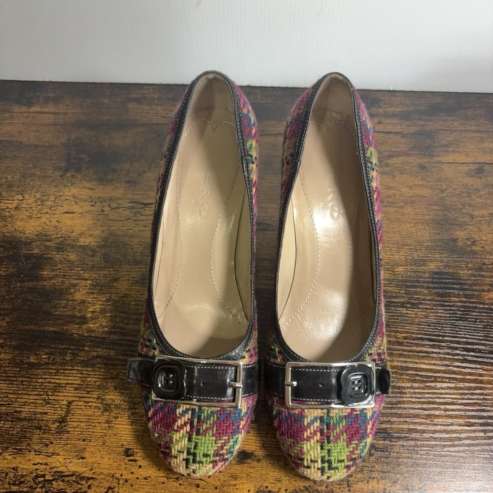 Vero Cucio Tweed Heels Womens 10M Purple Green Plaid Leather Trim - Picture 4 of 11